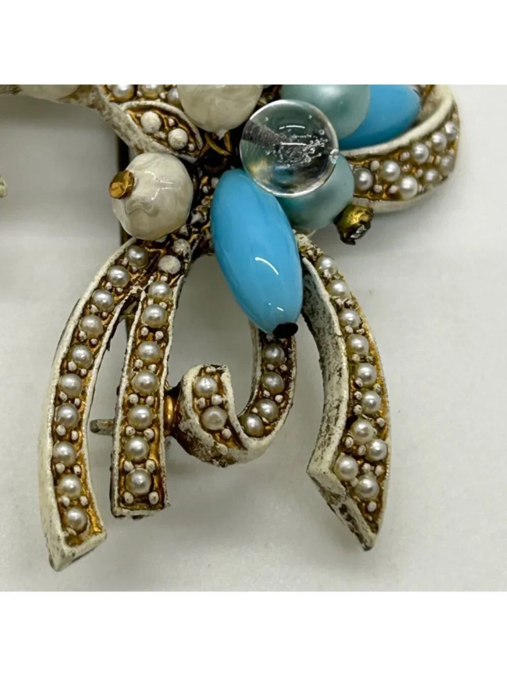 Vintage Coro Pin Brooch With Faux Pearls Faux Turquoise Beads, Floral Bow READ